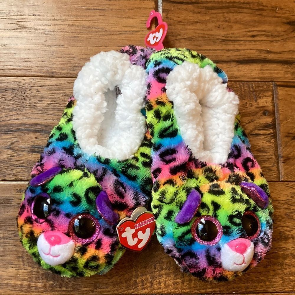 TY Beanie Boos Dottie Slippers Rainbow Leopard Youth Kids Size 4-6 New NWT